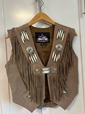 Jim Leather Inc. leather fringe vest  beadwork and faux bone accents